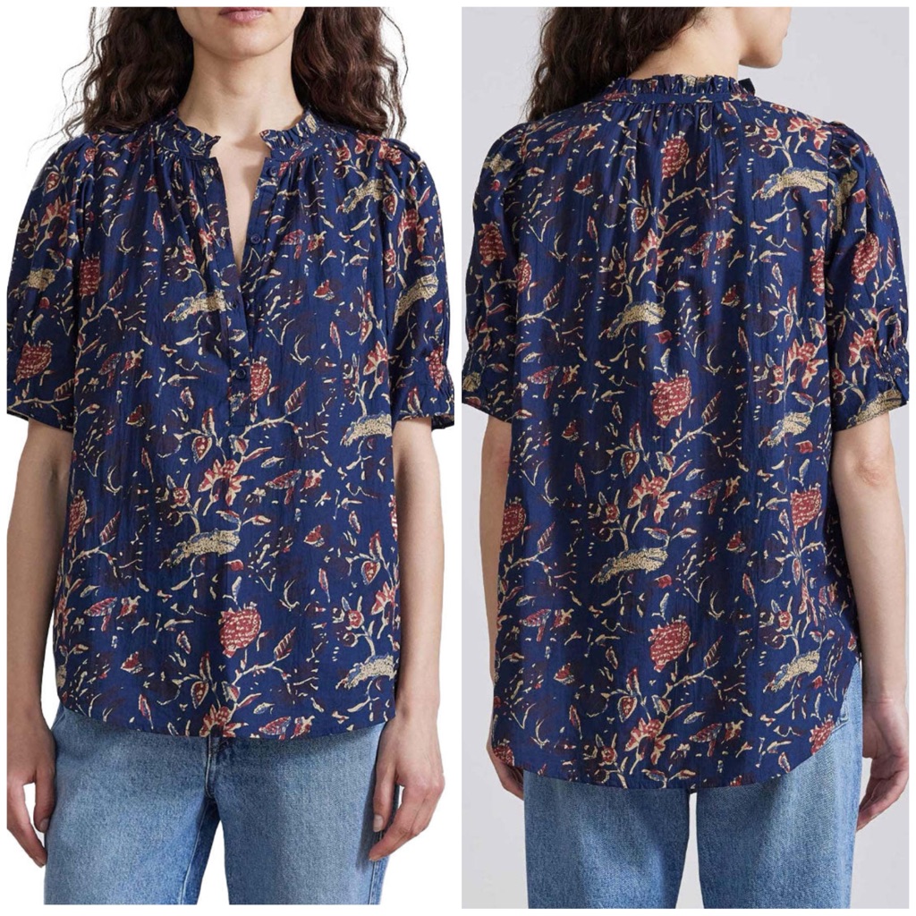 Apiece Apart Los Altos Top Indigo Jardin Blue Floral Blouse Sz Xs